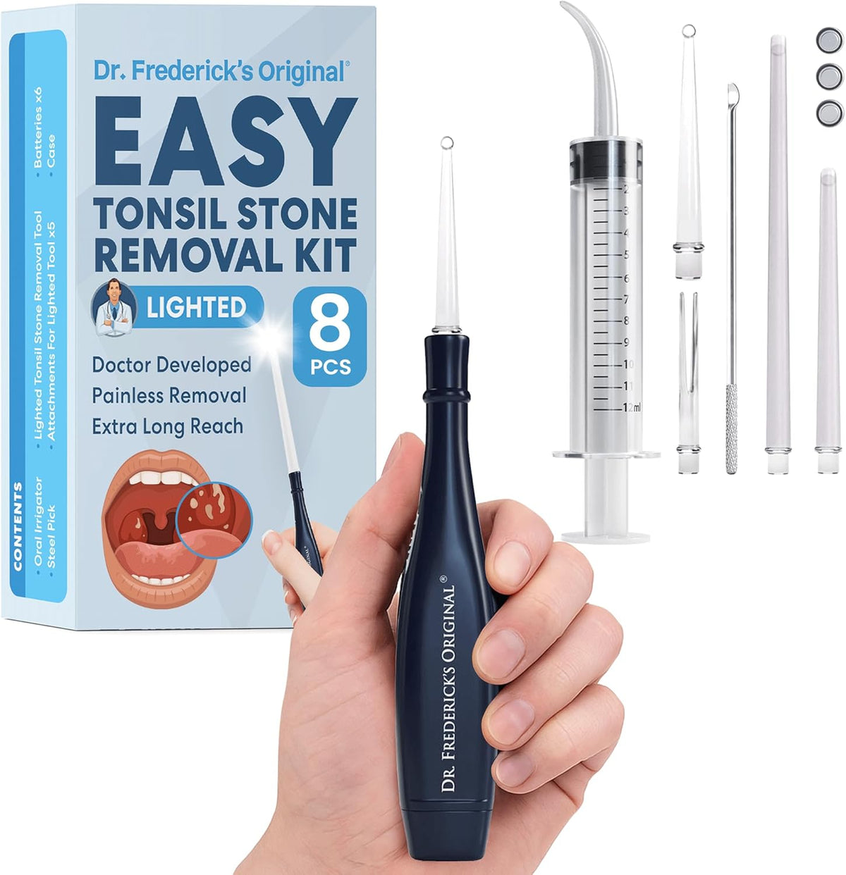 Dr. Frederick's Original Easy Tonsil Stone Remover Kit front view of 8 piece set