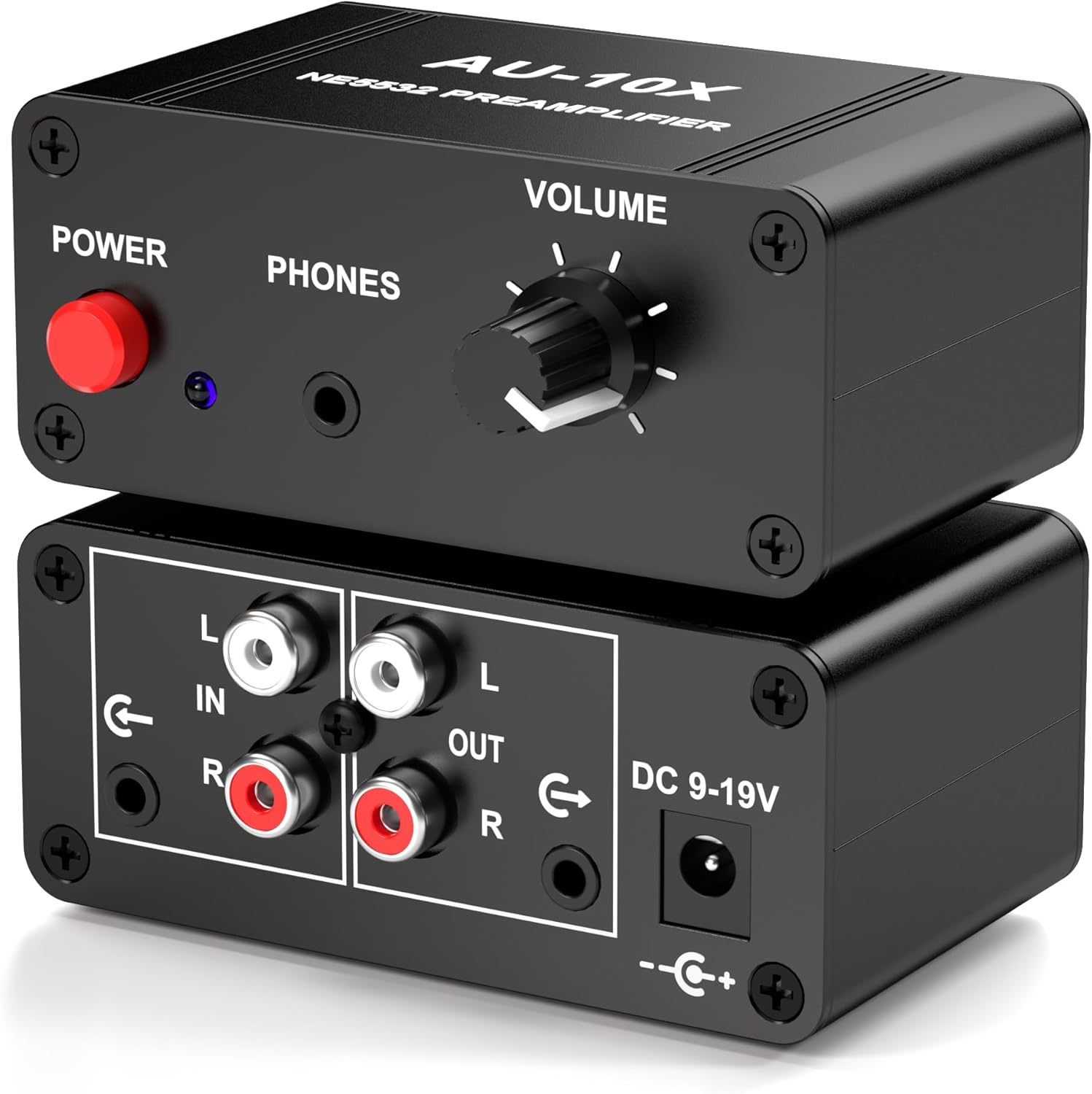 Generic AU-10X phono preamp front view showcasing the volume control knob and compact metal chassis.