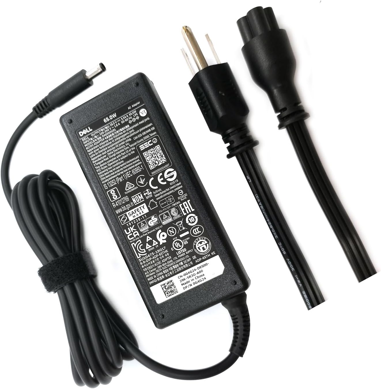 Dell 65W laptop charger front view showing the genuine adapter block and round power connector tip.