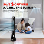 Honeywell quietset whole room oscillating tower fan placed in living room