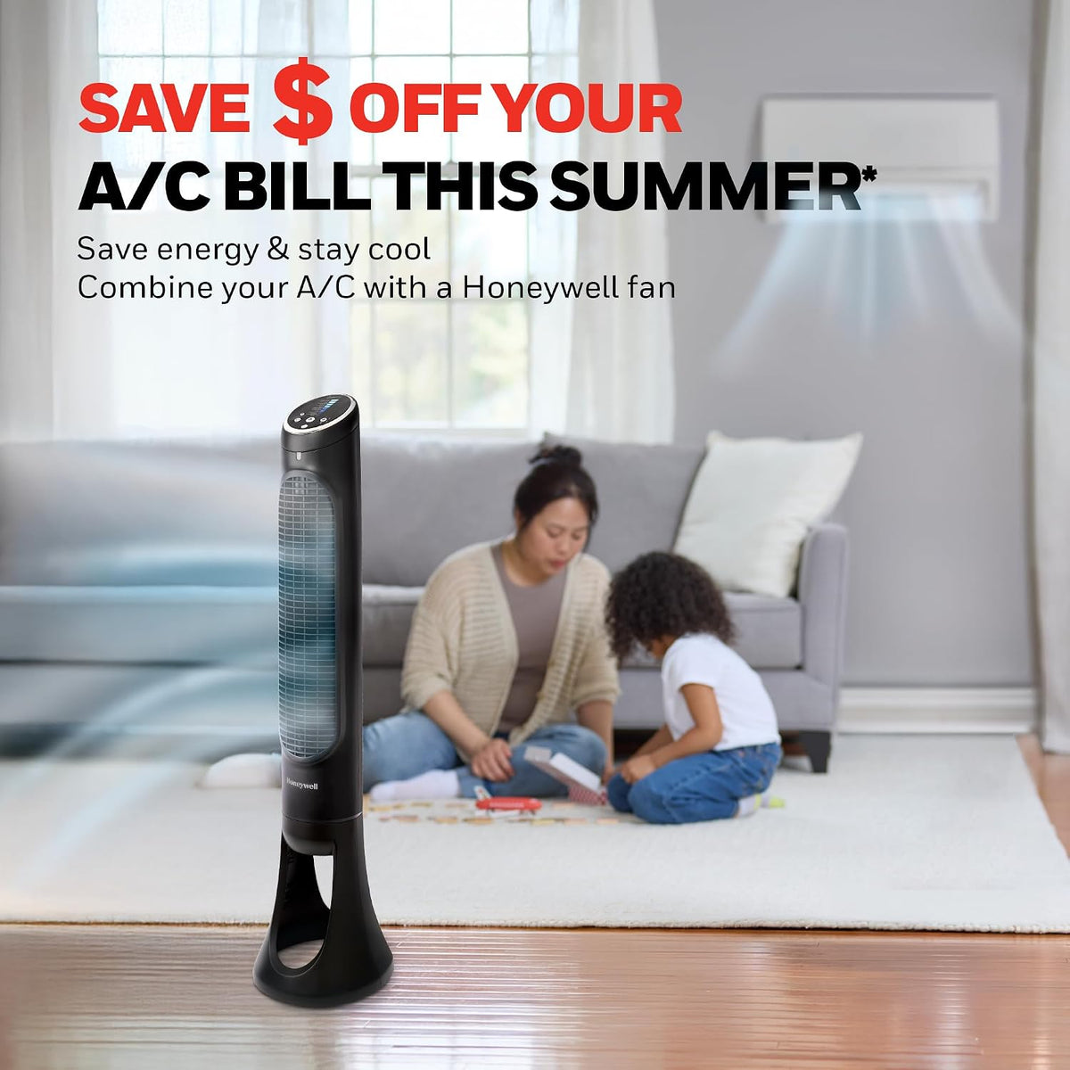 Honeywell quietset whole room oscillating tower fan placed in living room