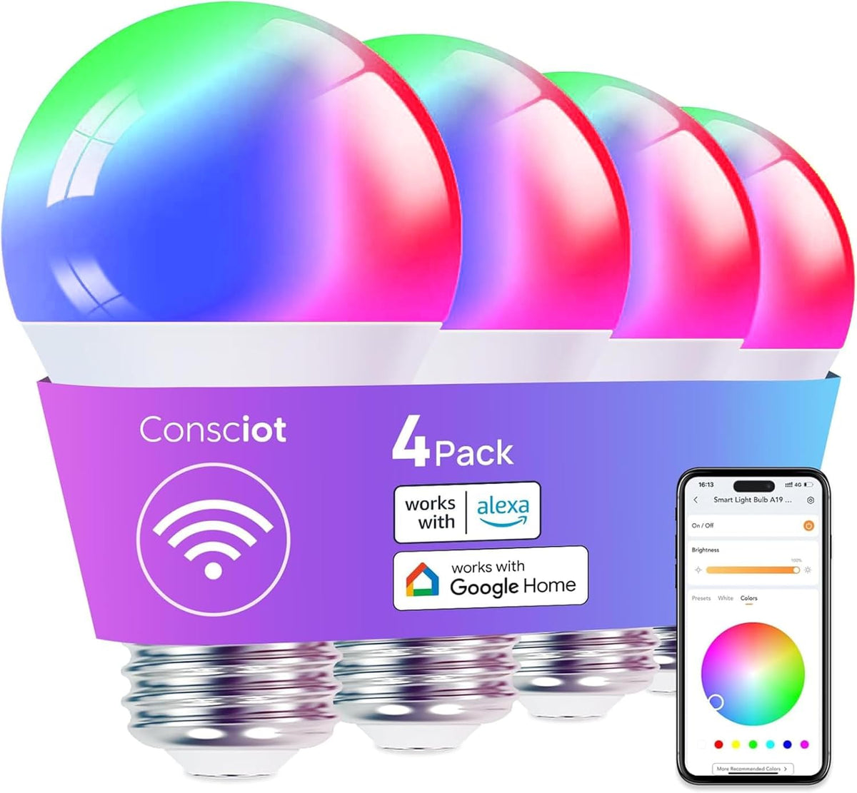 Consciot smart bulb paired with smartphone app interface