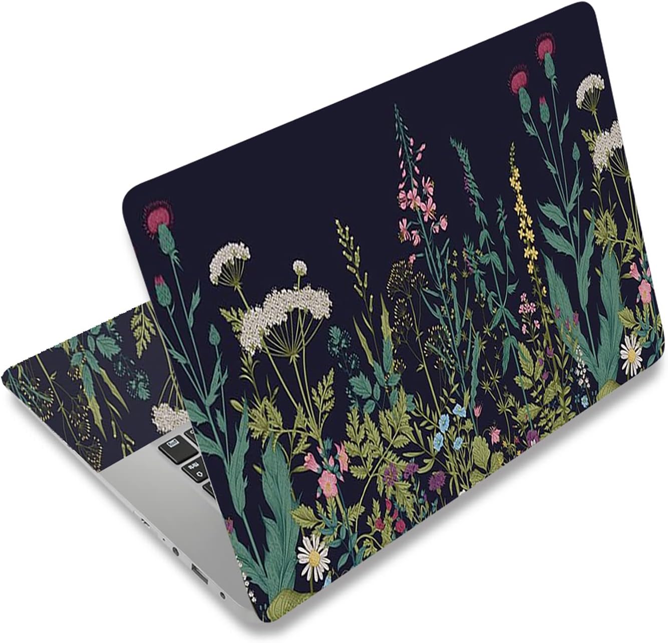 AIMSA universal laptop skin sticker decal front view featuring botanical flowers and plants pattern on a premium vinyl cover