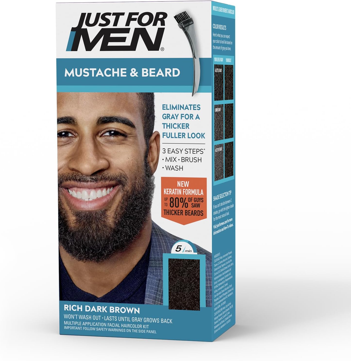 Just For Men Mustache and Beard Rich Dark Brown M-47 packaging front view authentic imported facial hair dye