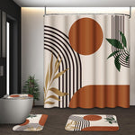 Tayney Boho Mid Century Shower Curtain Set front view featuring a modern terracotta sun and green botanical design in a minimalist bathroom.