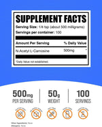 BulkSupplements N-Acetyl L-Carnosine dietary supplement pouch showing serving size details
