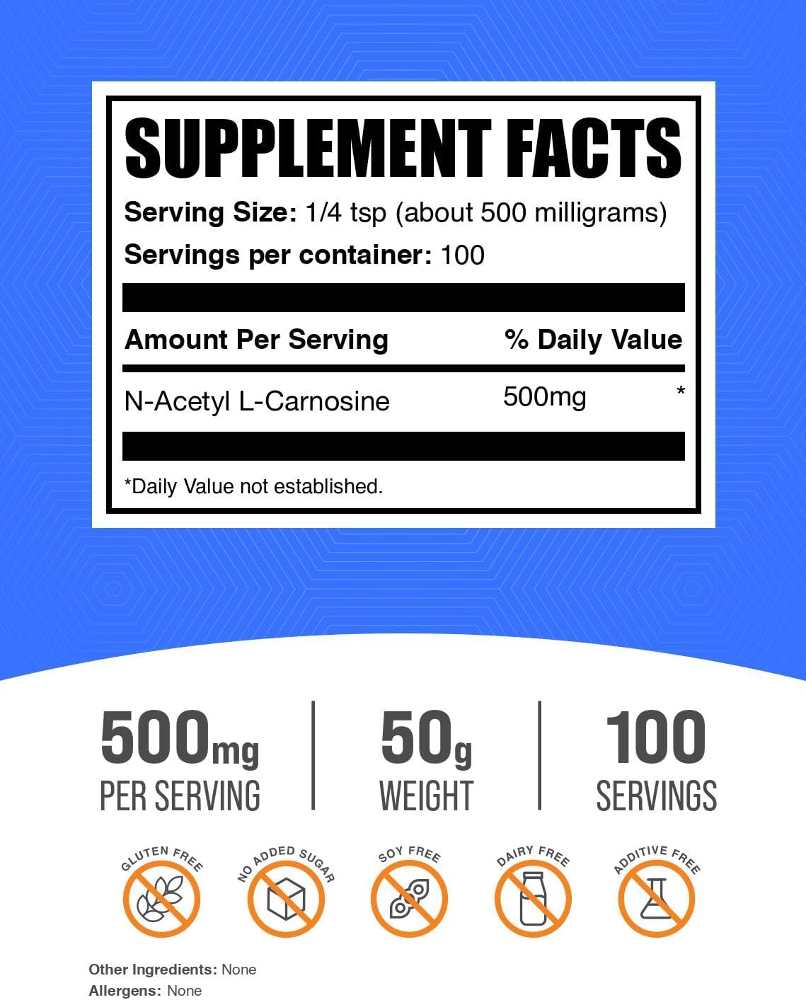BulkSupplements N-Acetyl L-Carnosine dietary supplement pouch showing serving size details