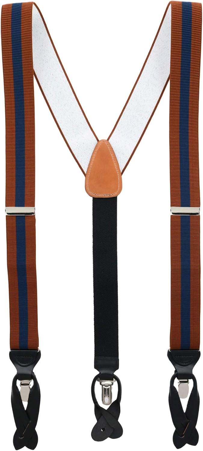 Trafalgar Big and Tall Oliver Stripe Convertible Braces front view showcasing rust and navy straps.