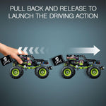Close-up of authentic ghost and fire graphics on the LEGO Technic monster truck body