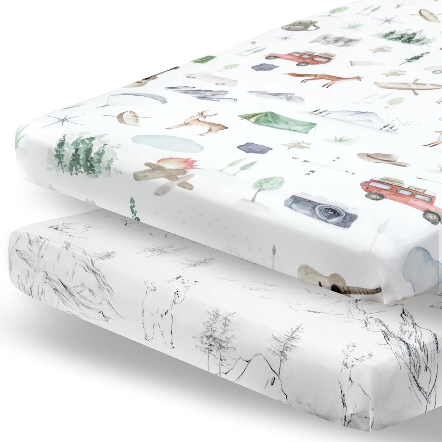 Pobibaby premium pack n play sheets front view showcasing stylish woodland pattern pack of two.