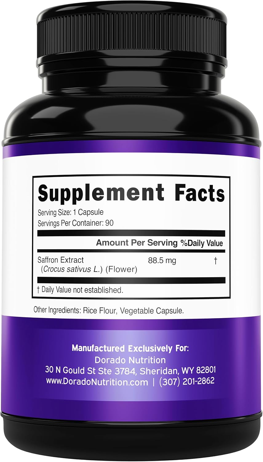 Dorado Nutrition Saffron Extract 88.5mg supplement bottle side view