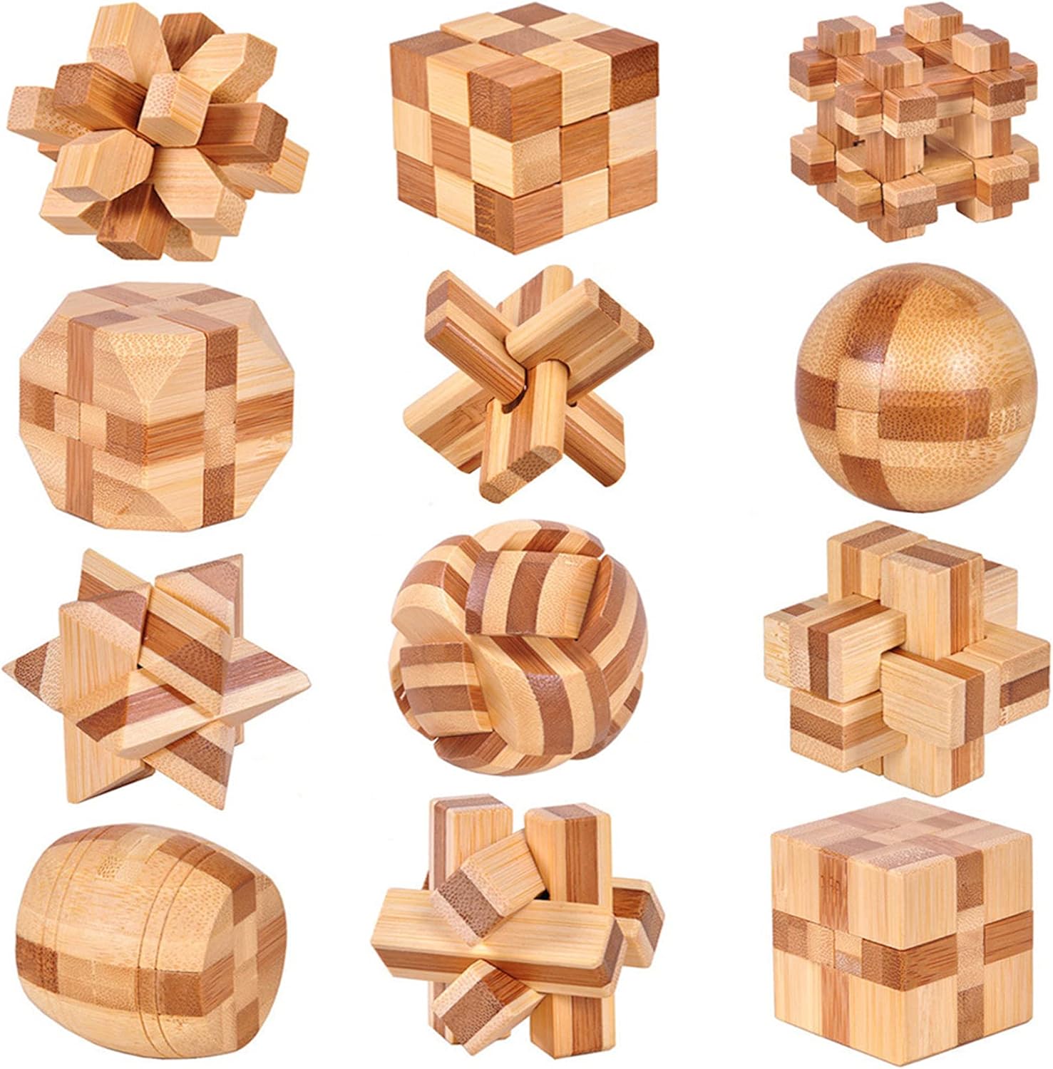VolksRose 12 Piece Wooden Brain Teaser Puzzles front view showcasing multiple geometric shapes