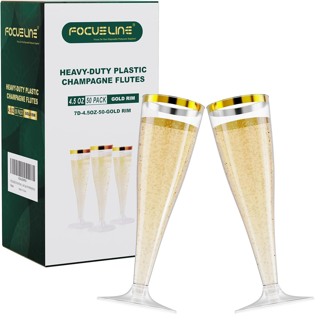 Focusline gold rim plastic champagne flutes 50 pack front view for party hosting