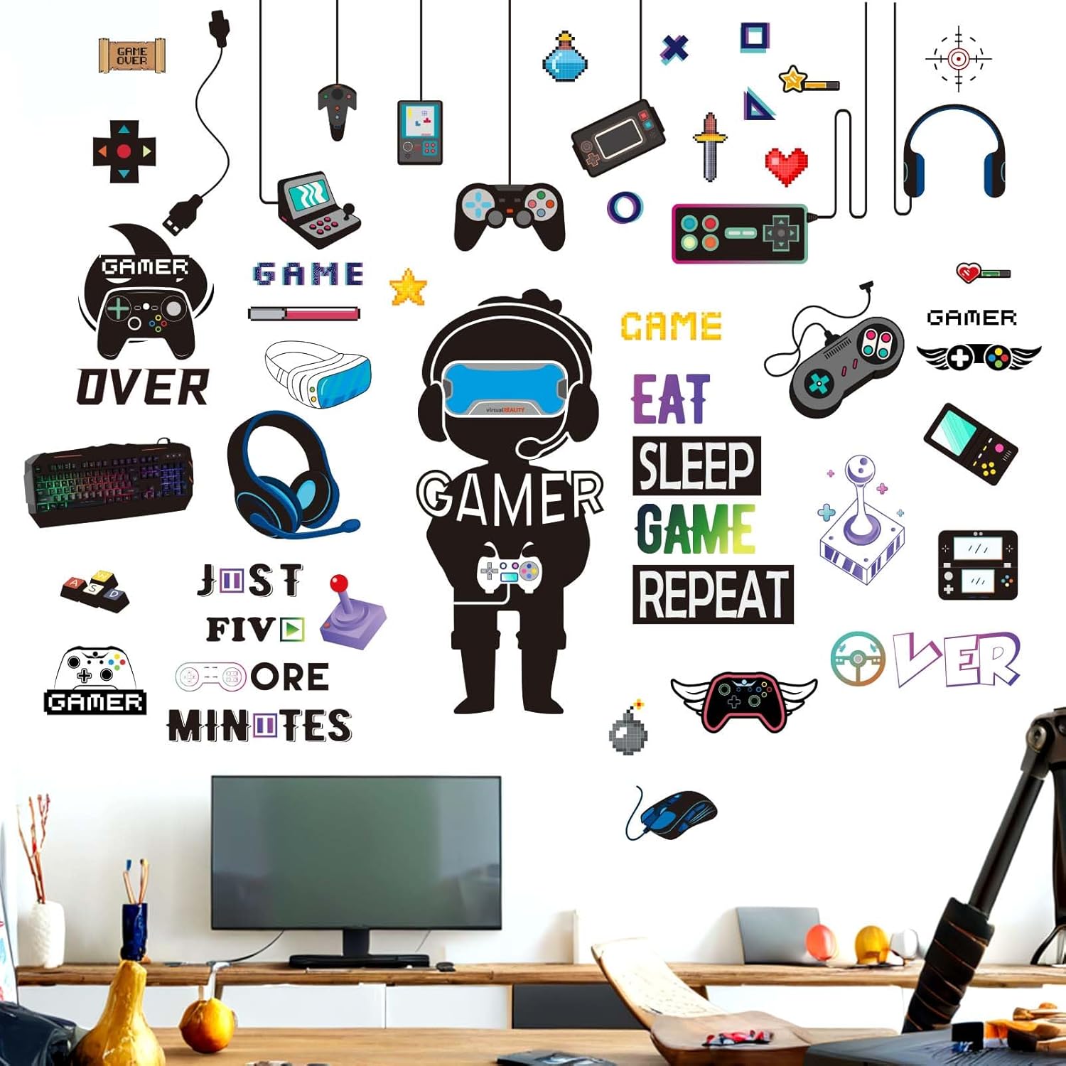 Amimagen Gamer Wall Stickers front view showing game controllers and eat sleep game text layout.