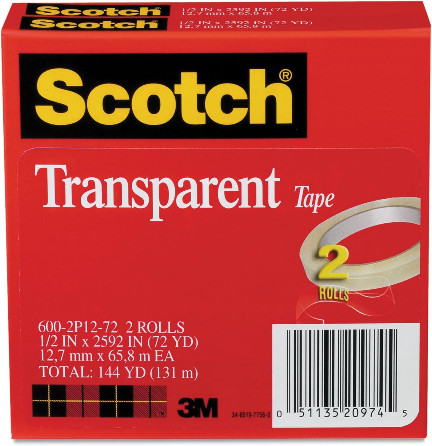 Scotch 6002P1272 Transparent Tape, 3-Inch Core, 1/2-Inch x2592-Inch, 2/PK - Image 1
