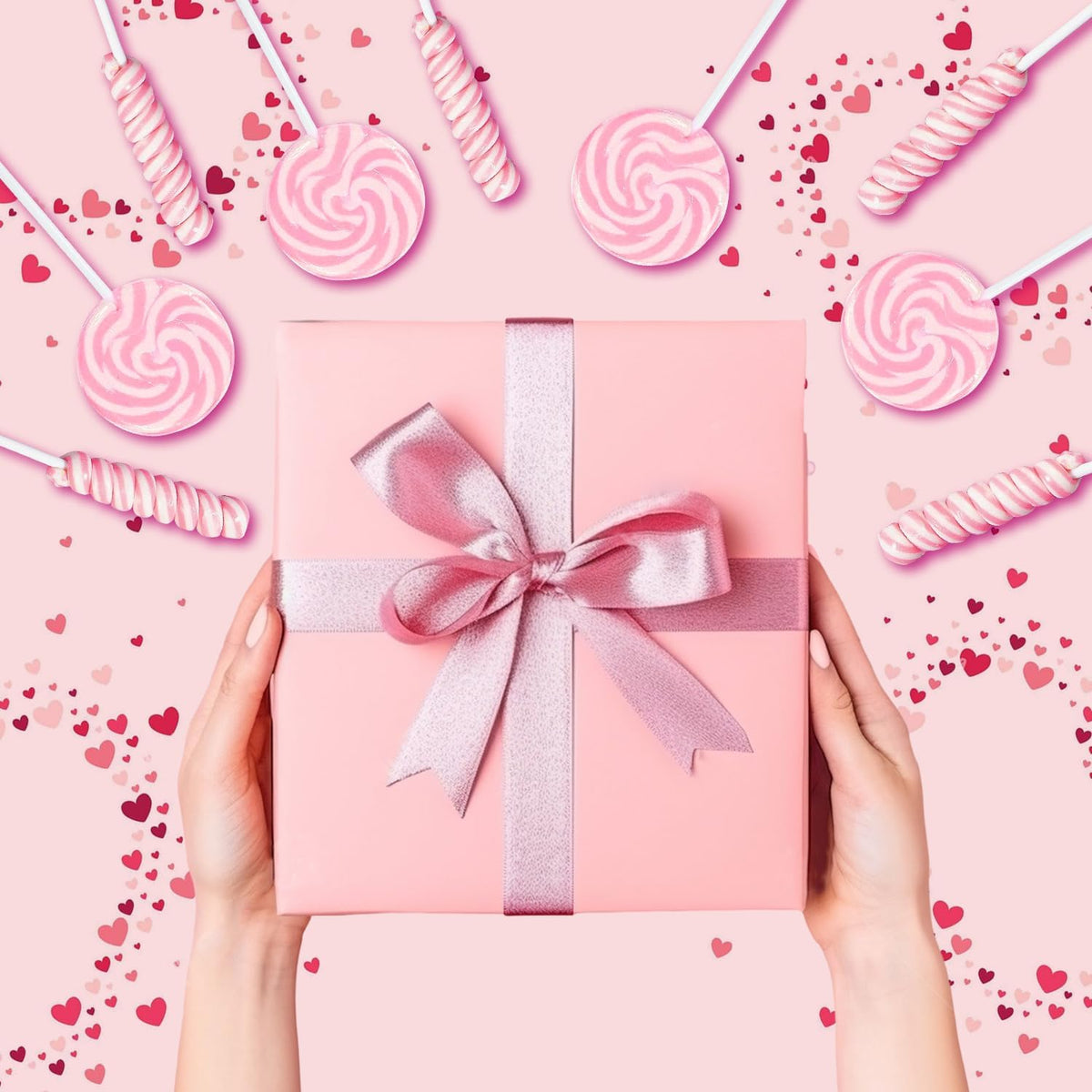 Individually wrapped pink candy buffet lollipops arranged neatly for a baby shower dessert table display.