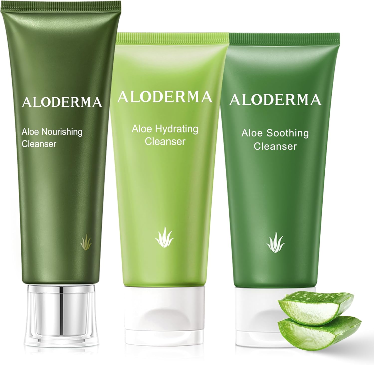 Aloderma Aloe Cleanser Set three pieces front view showing hydrating, nourishing, and soothing face washes.
