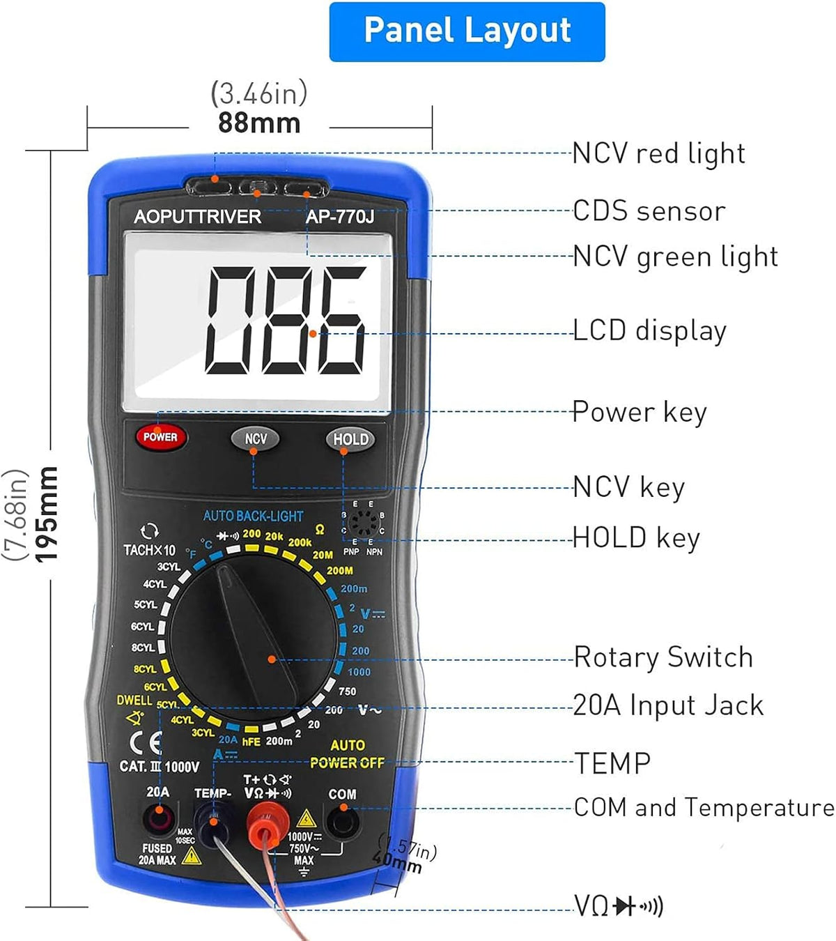 AOPUTTRIVER automotive multimeter displaying LCD screen metrics