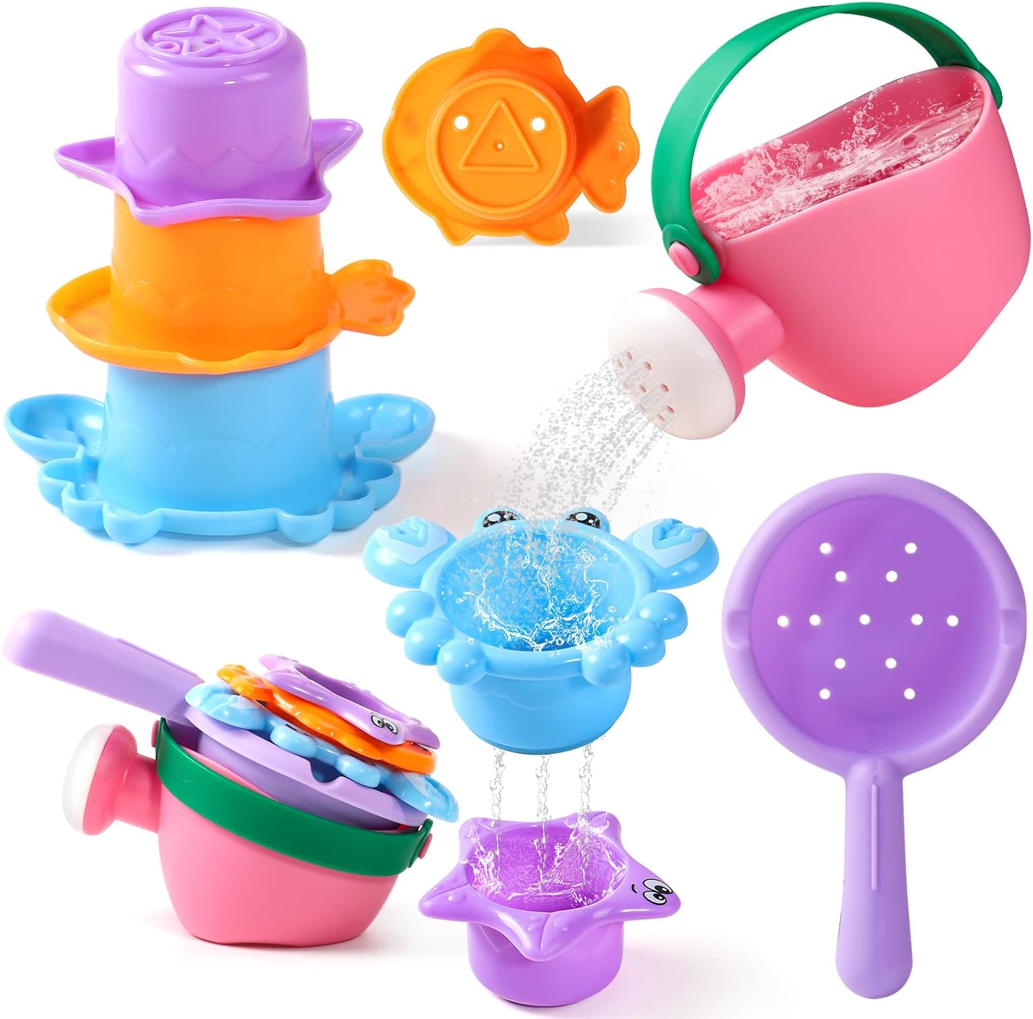 Fajiabao baby bath toys front view showcasing colorful mold free stacking cups and watering can.