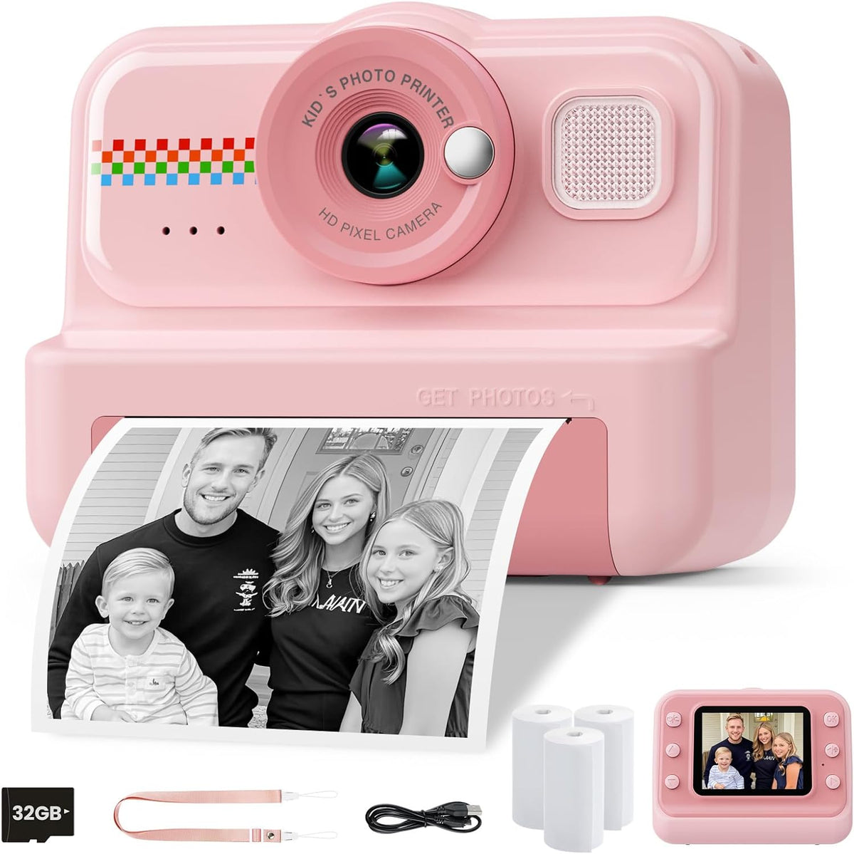 HiMont kids camera instant print front view pink