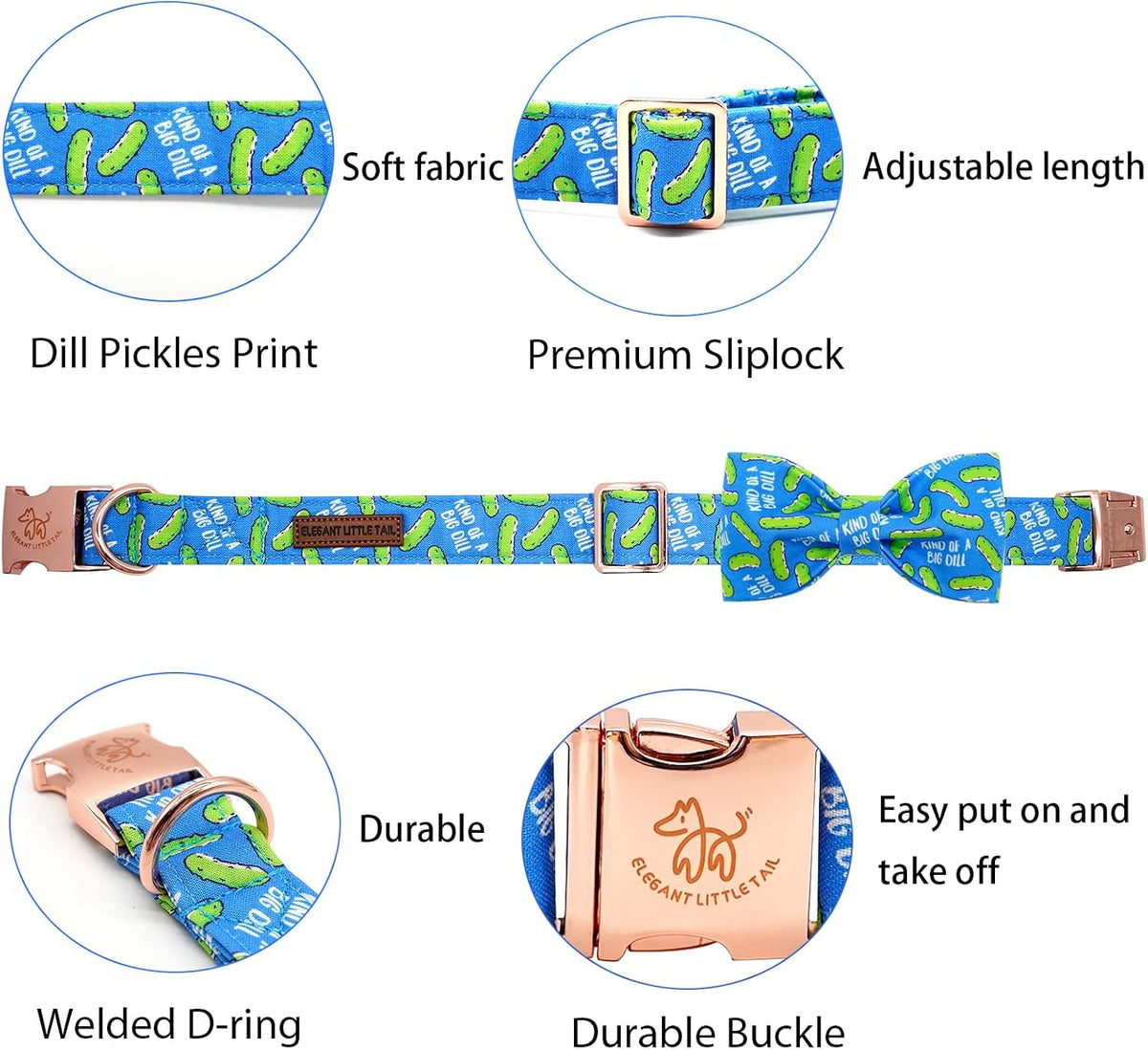 Elegant Little Tail Dill Pickles print pet collar laid flat with bow tie