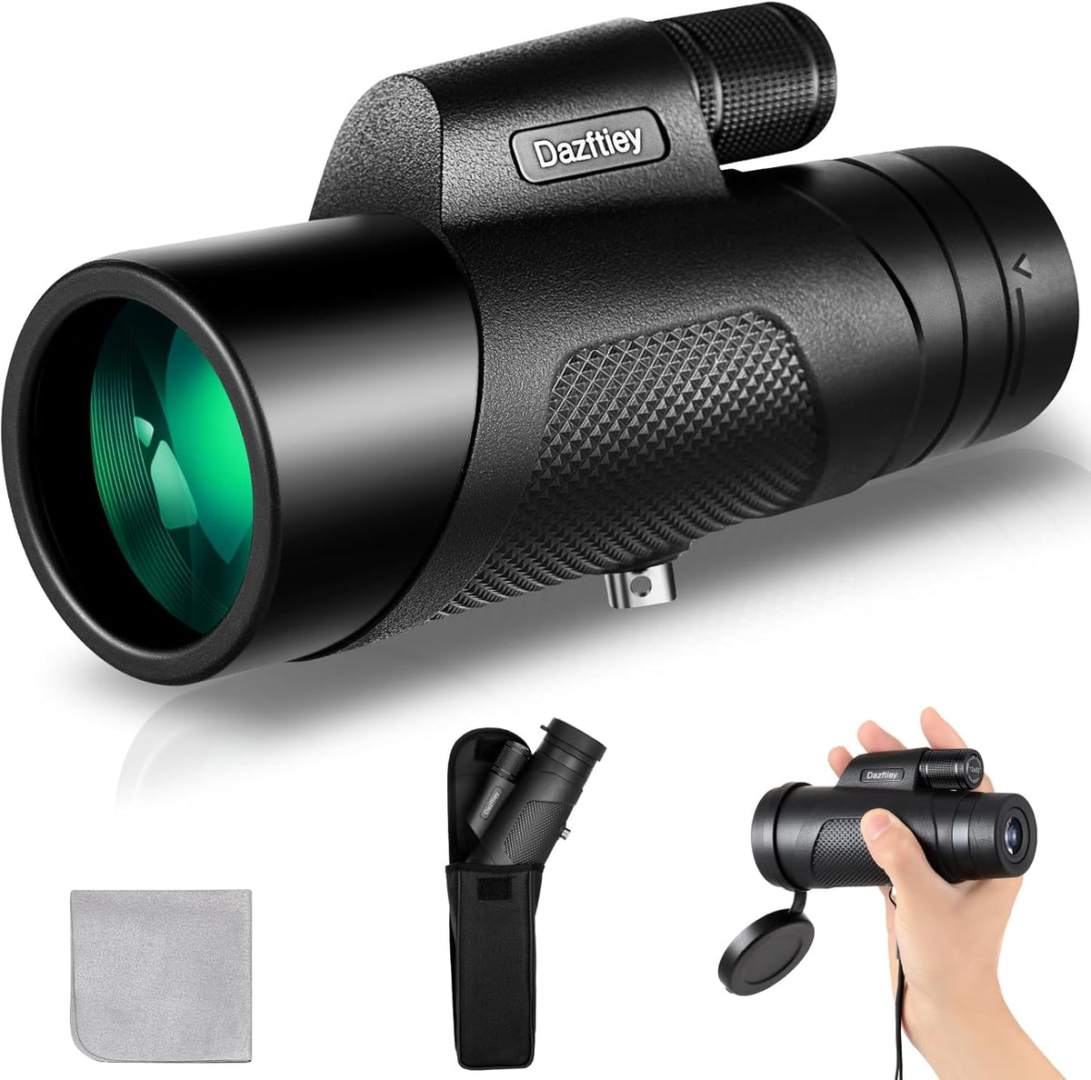 Dazftiey 12x50 high powered monocular telescope front view highlighting the large fully multi coated objective lens