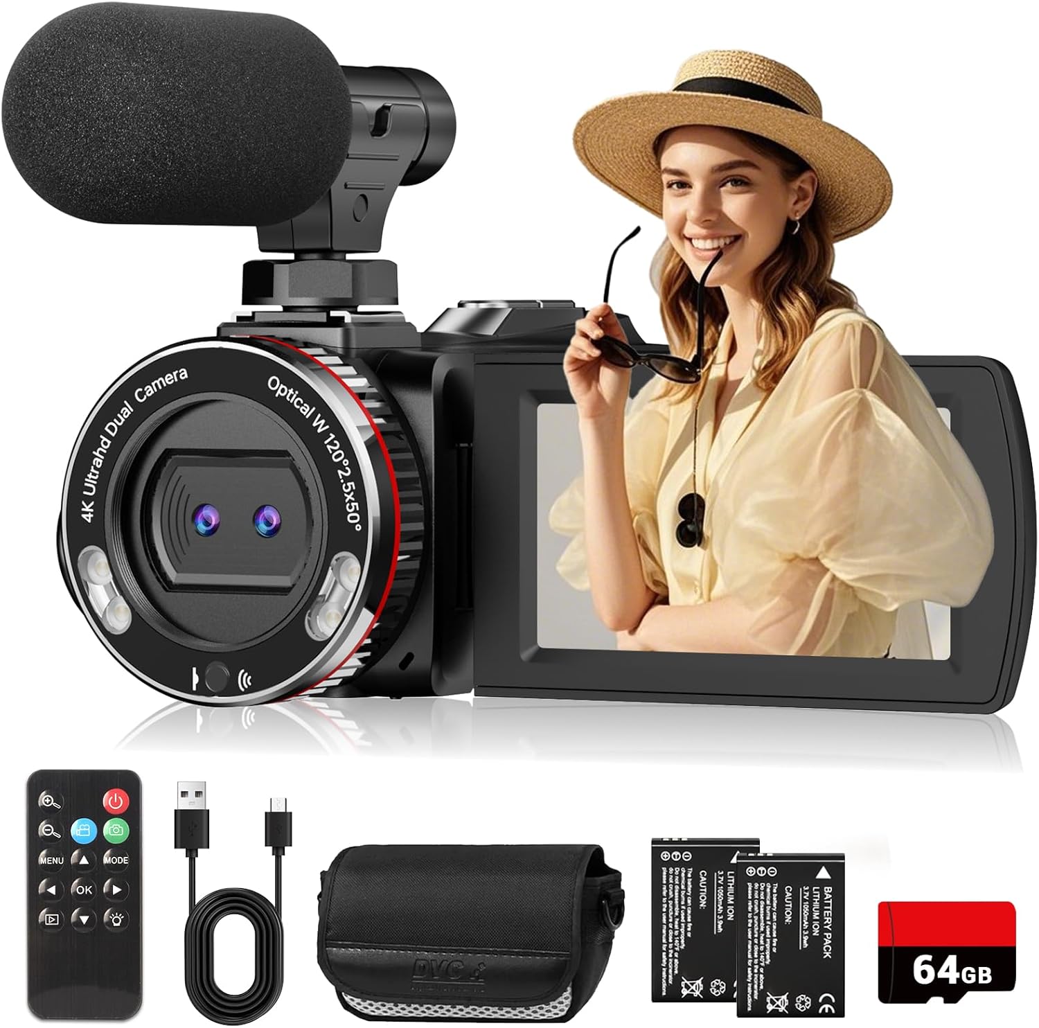 Rumyums 4K video camera camcorder front view with lens