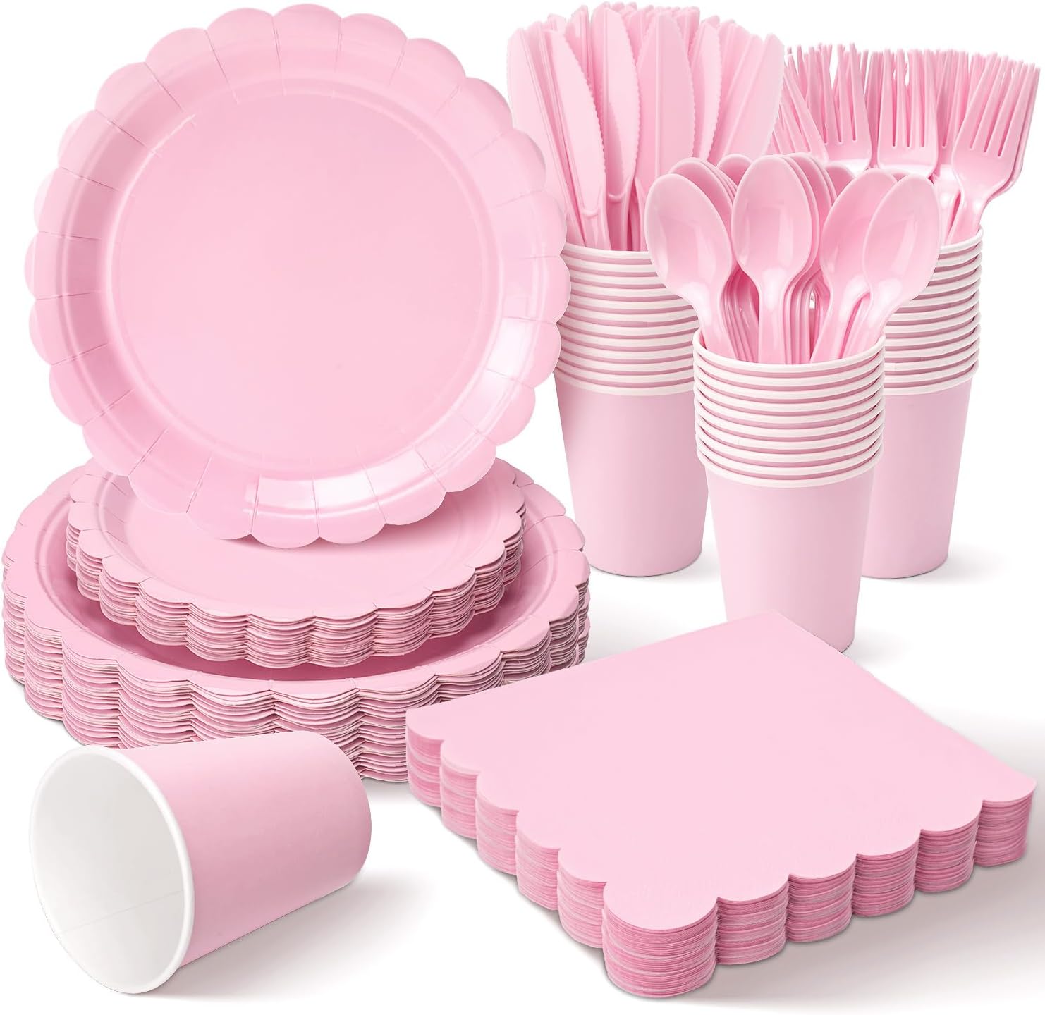 Vyntra pink disposable paper plates and napkins set front view layout for party table arrangement