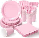 Vyntra pink disposable paper plates and napkins set front view layout for party table arrangement