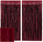 Xo Fetti burgundy red party curtain front view showing two metallic tinsel panels hung on a wall