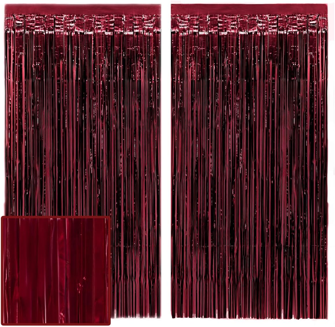 Xo Fetti burgundy red party curtain front view showing two metallic tinsel panels hung on a wall