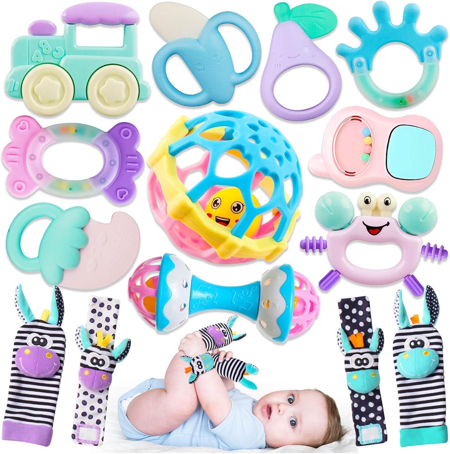 JKHEPL 15 piece baby rattles and teething toy set front view showcasing macaron colors