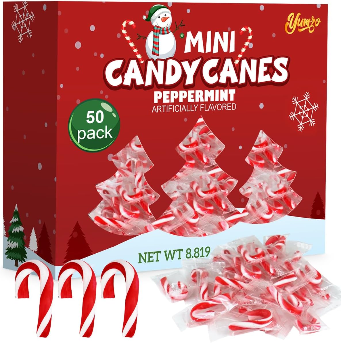Yumzo Christmas Mini Candy Canes front view of holiday themed packaging box.