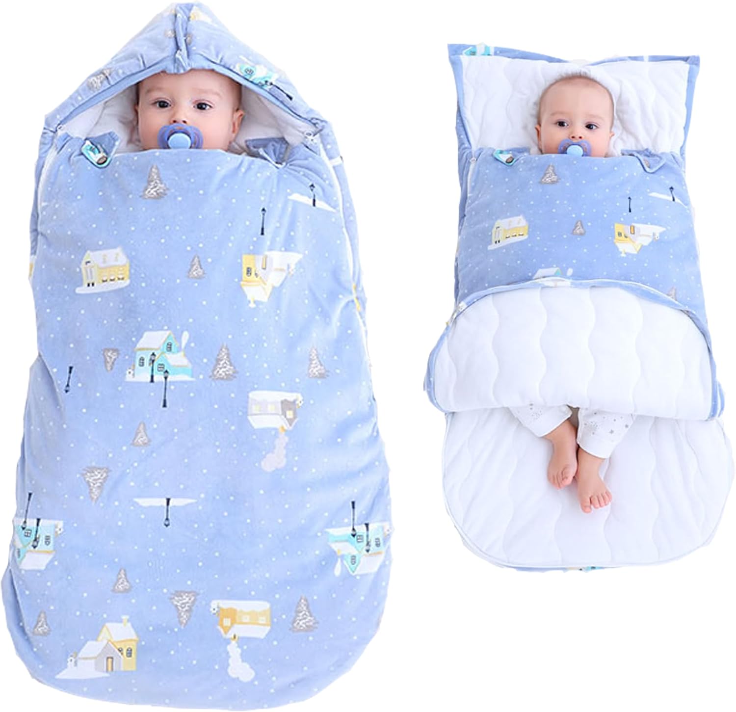 Cutie Pumpkin winter baby sleeping bag in blue showing full front view zipped up.