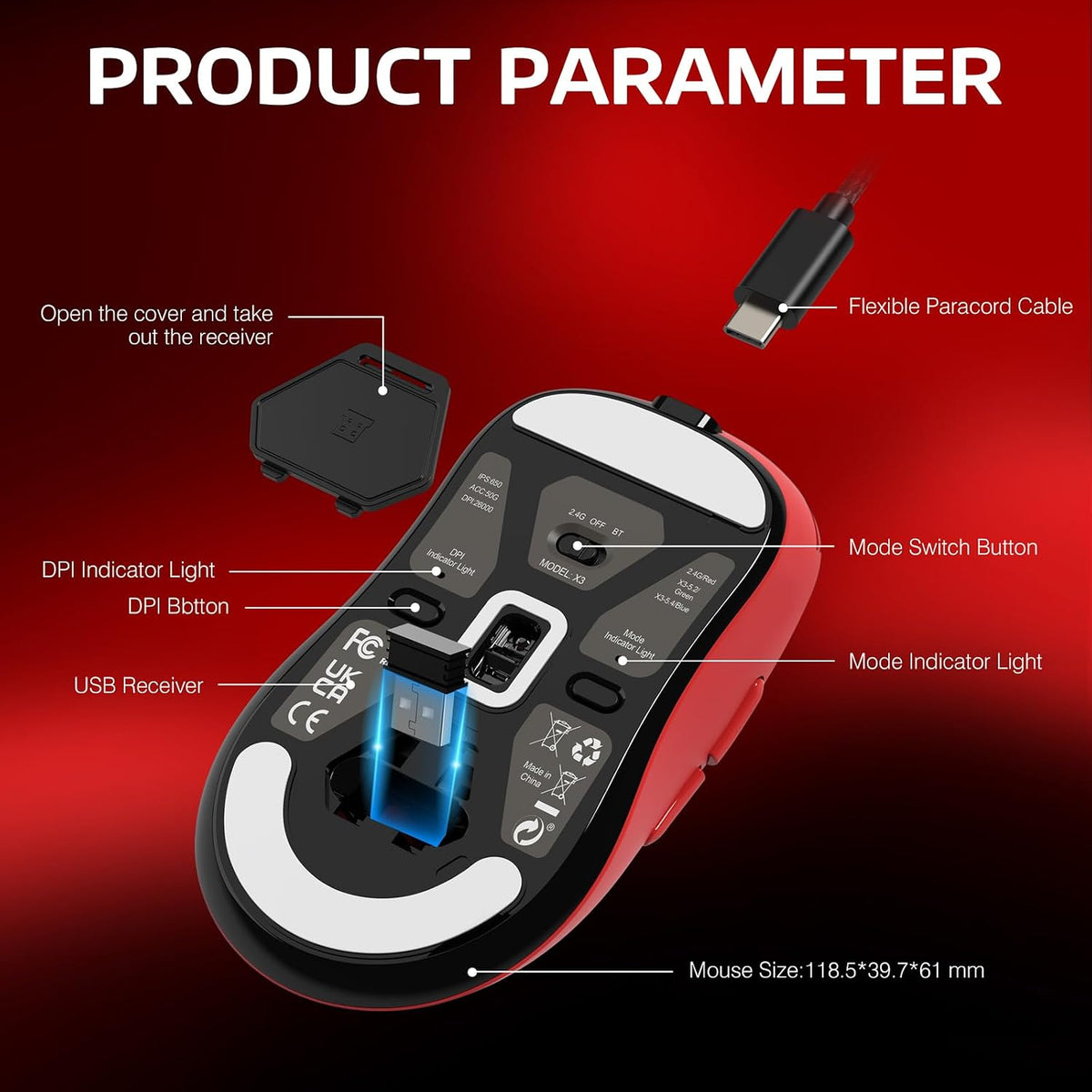 ATTACK SHARK X3 Lightweight Wireless Gaming Mouse with Tri-Mode 2.4G/USB-C Wired/Bluetooth,26K DPI, PAW3395 Optical Sensor,Kailh GM8.0 Switch,5 programmable Buttons for PC/Win/Mac(Red) - Image 9