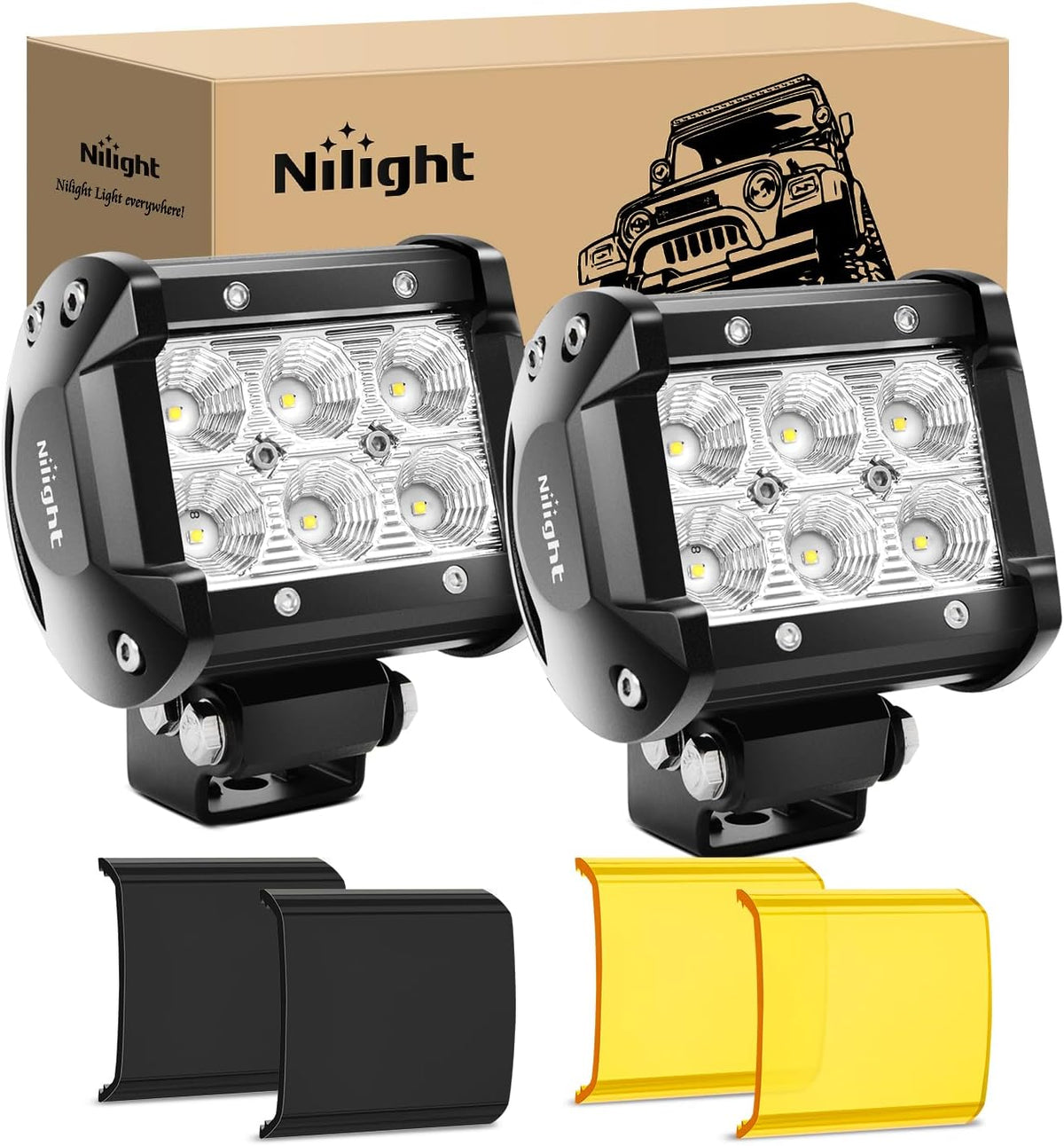 Nilight LED light pods front view with yellow covers