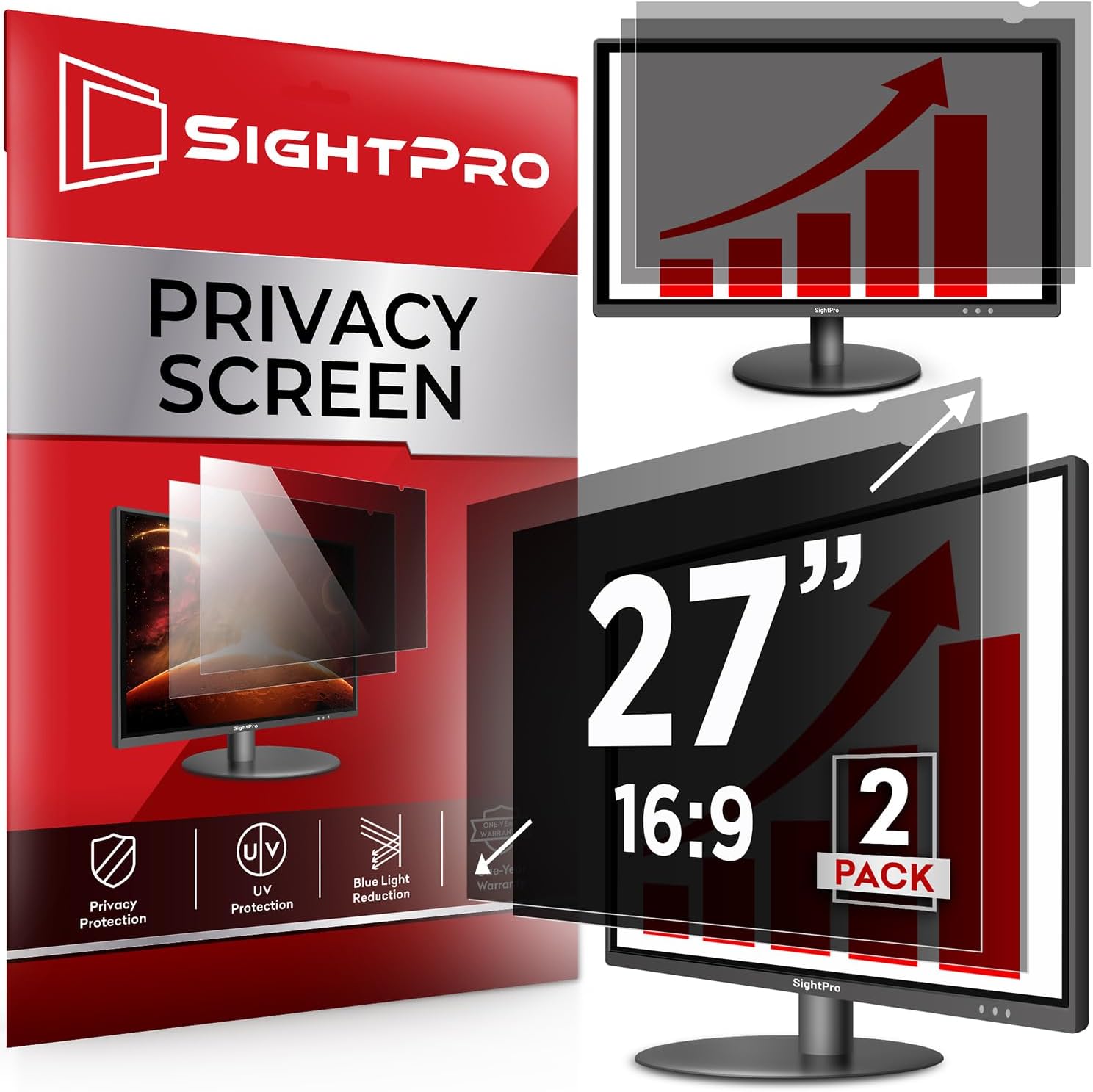 SightPro twenty seven inch monitor privacy screen filter front view on desktop display.