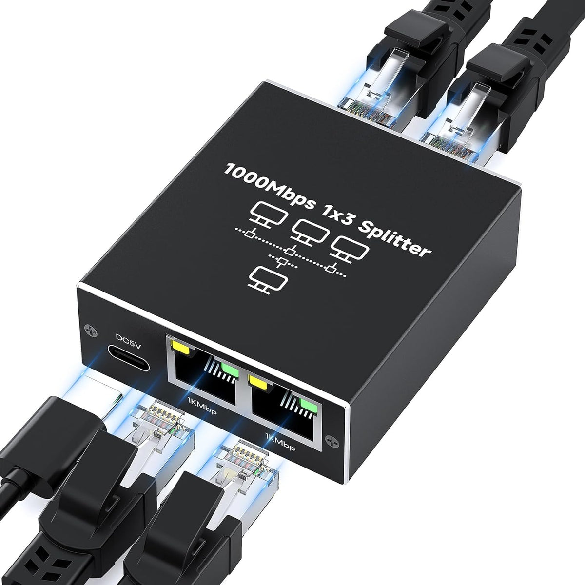 Gliship Gigabit Ethernet Splitter 1 to 3 front view showing RJ45 ports