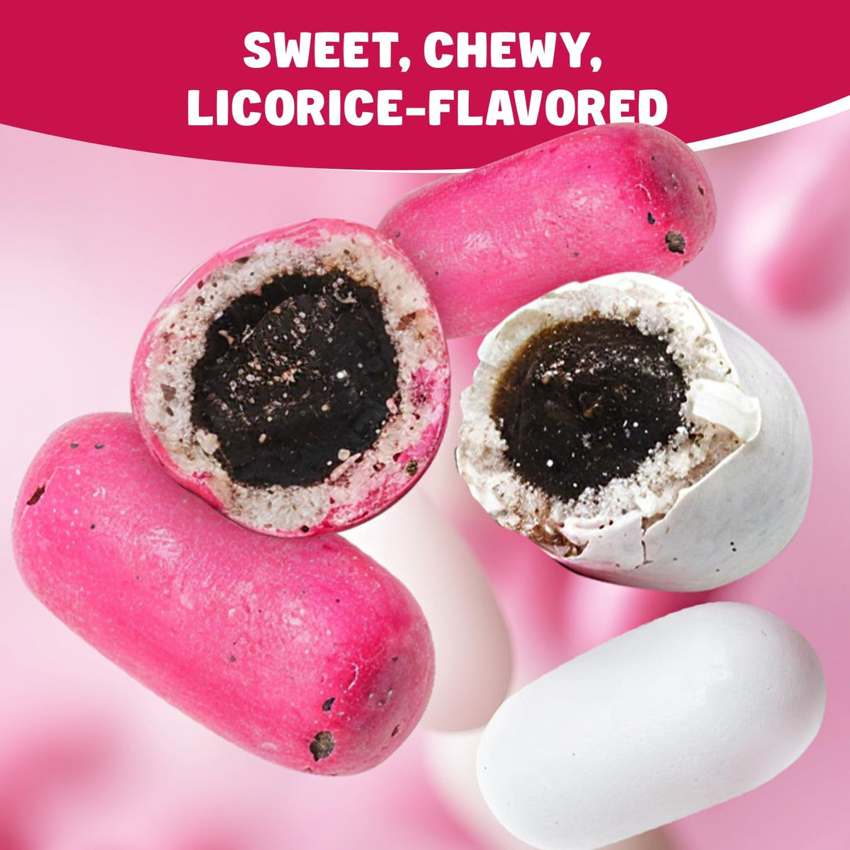Close up view of unwrapped soft and chewy black licorice sweets