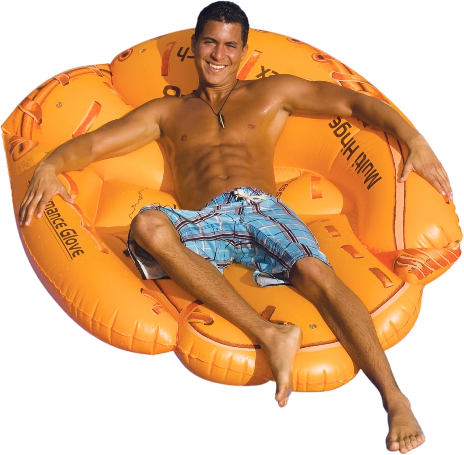 Swimline Giant Inflatable Baseball Glove Pool Float front view showcasing the brown leather stitch design.