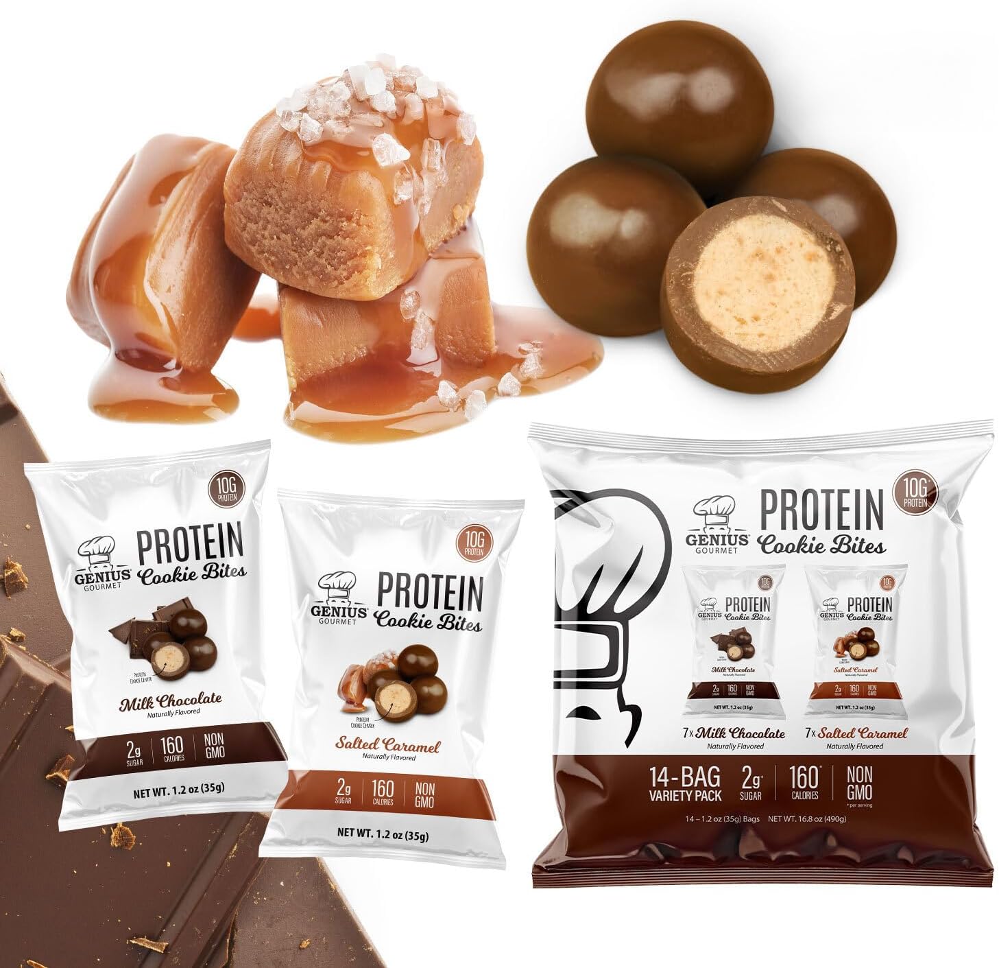 Genius Gourmet Protein Cookie Bites Variety Pack front view showing 14 bags.