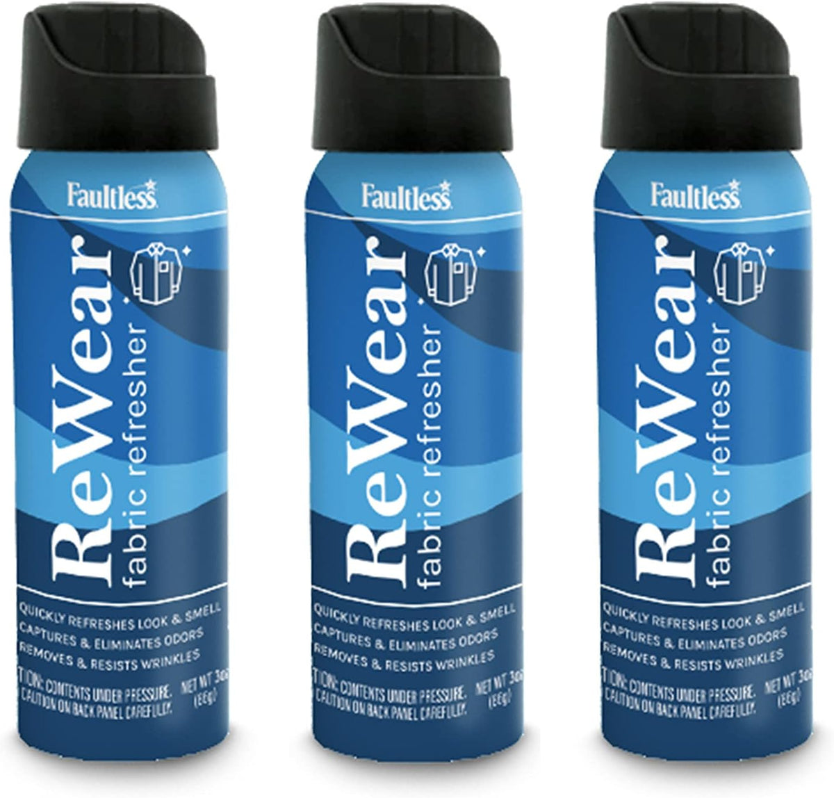 Faultless ReWear Dry Wash Spray front view of three pack packaging