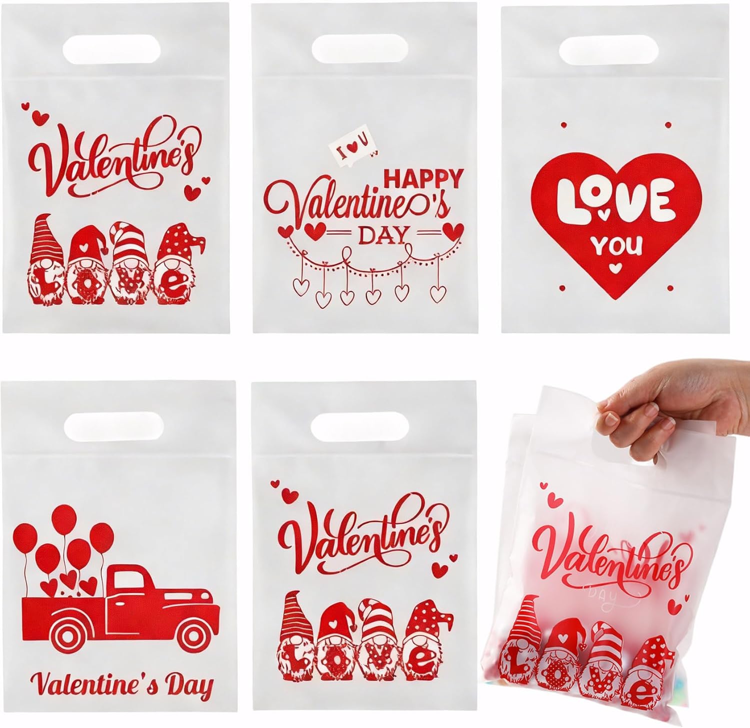 BOEIAC Valentines Cellophane Gift Bags front view featuring red and white gnome designs