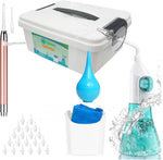 QISXROVY ear wax removal tool front view showcasing green irrigation bottle and accessories.