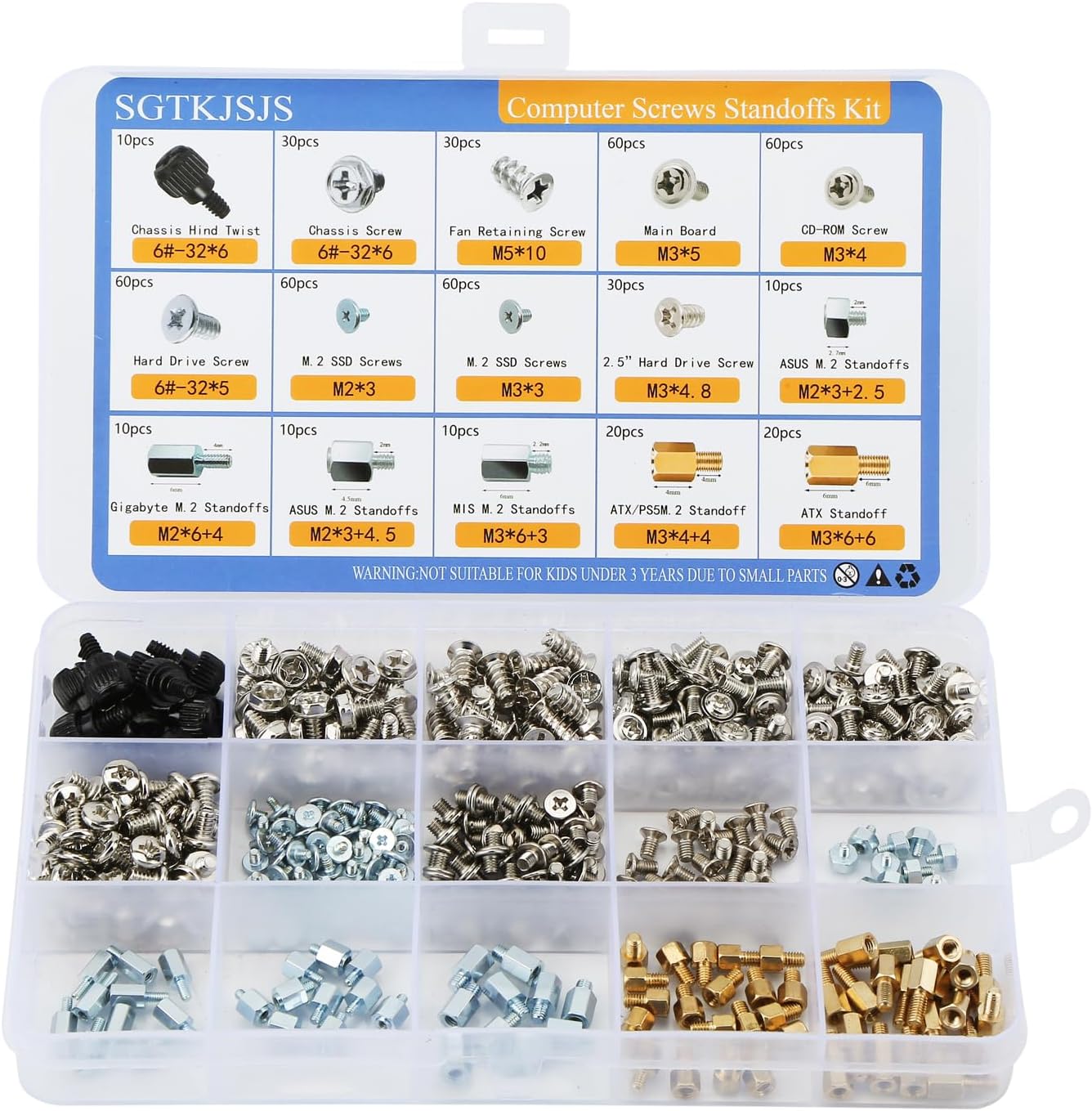 SGTKJSJS computer screws assortment kit in organized plastic box front view