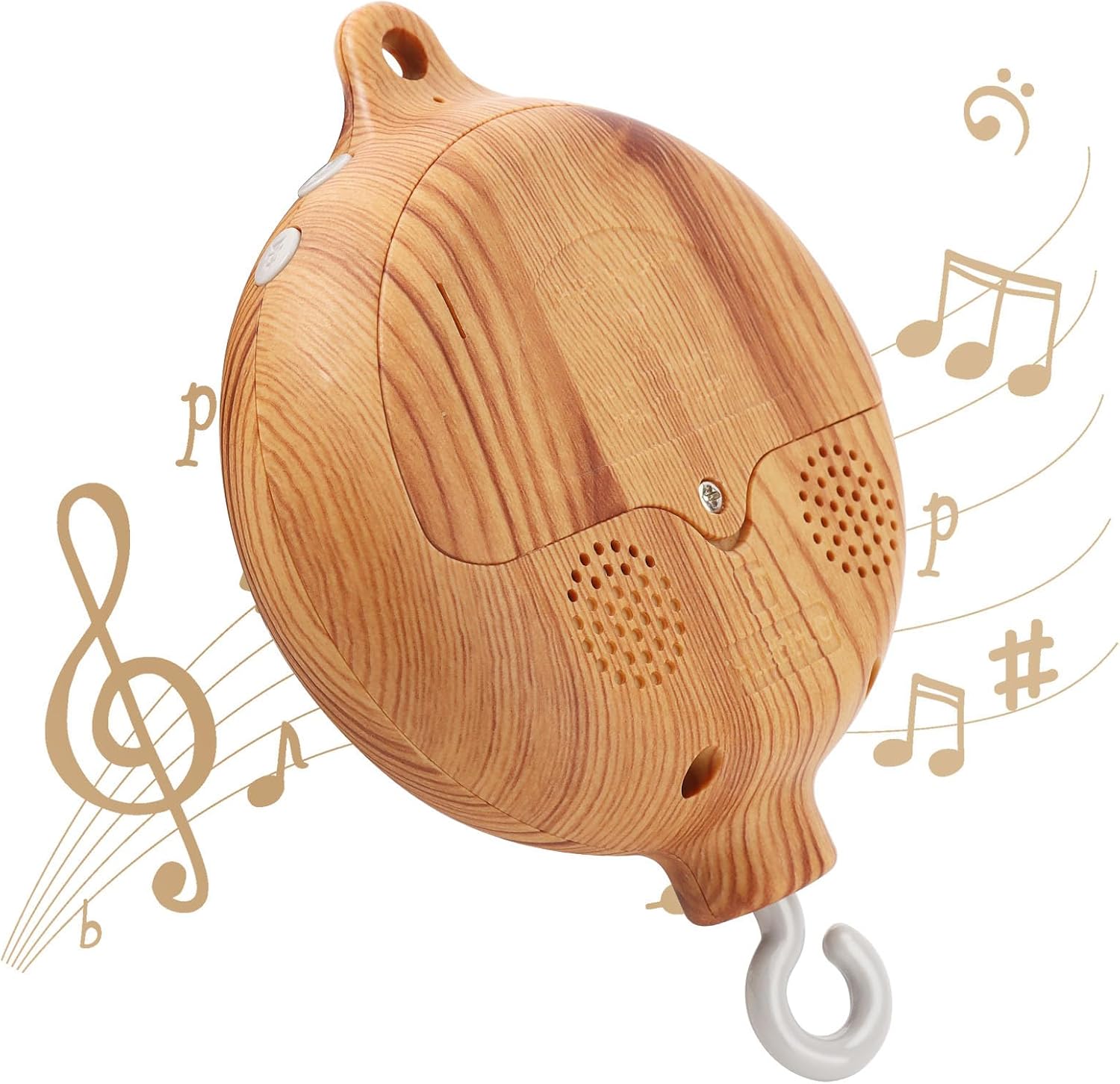 JILPAK baby mobile rotary music box front view showing imitation wood grain texture and control buttons.