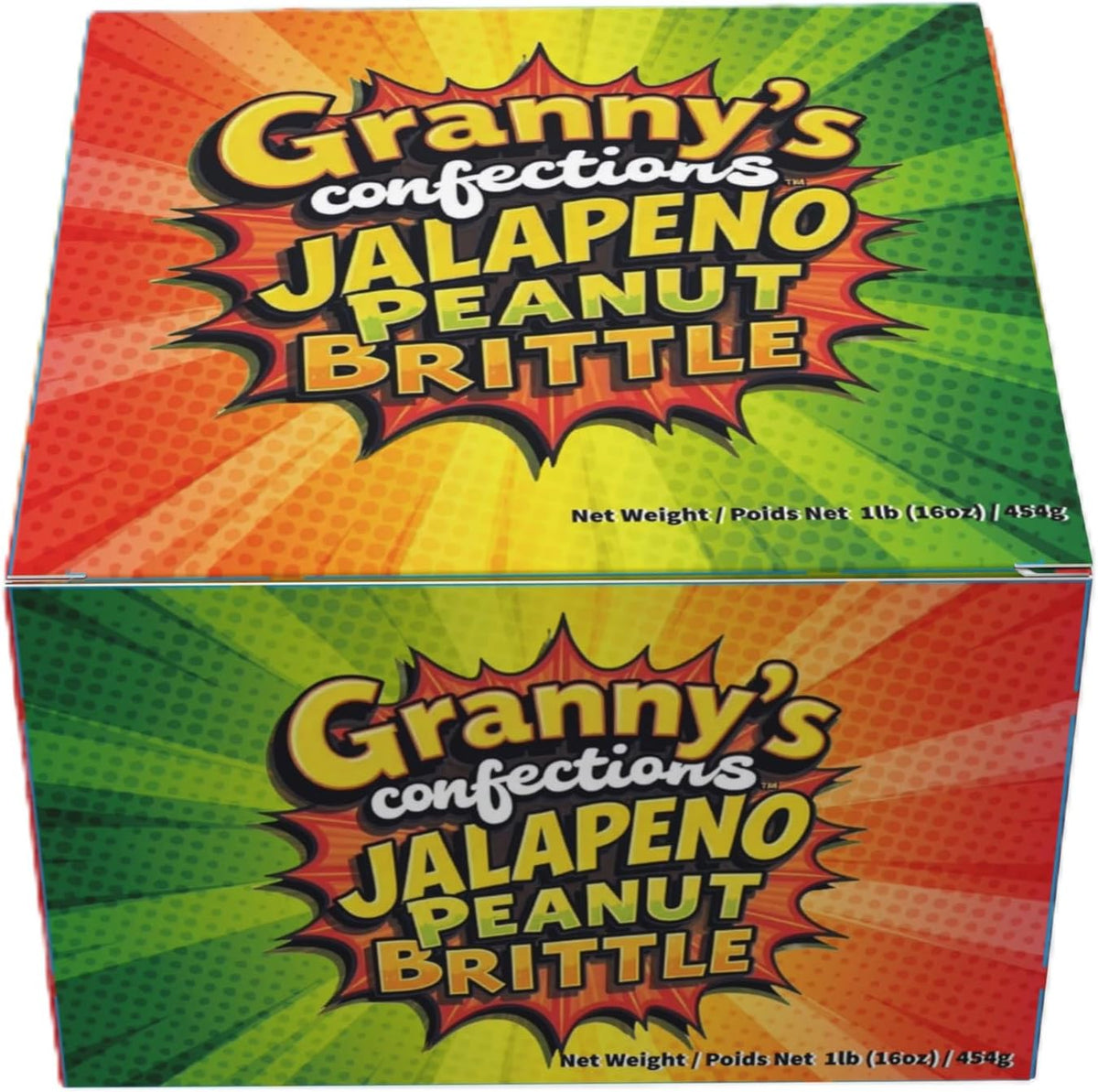 Close-up of handmade spicy peanut brittle pieces loaded with whole peanuts and real jalapeño flecks.