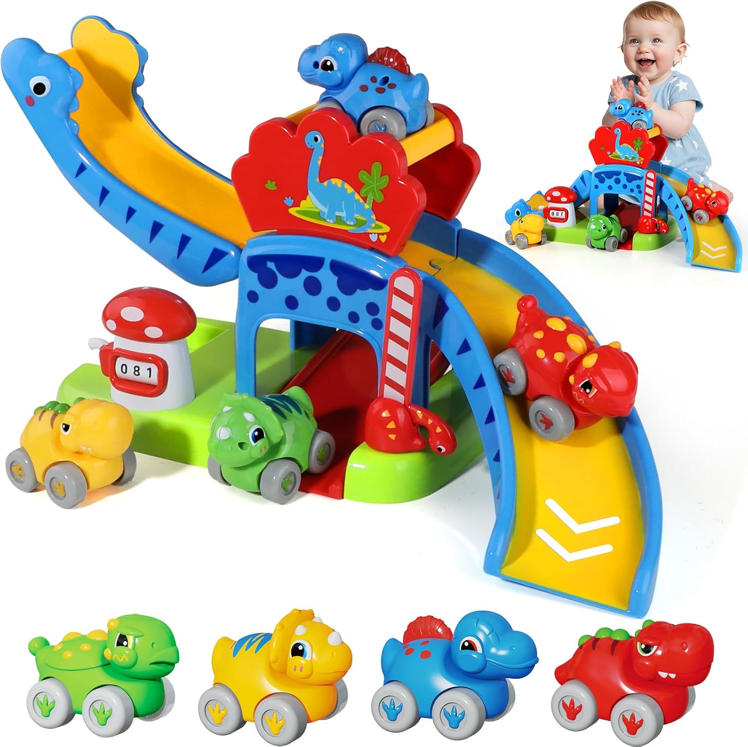 HAYXUN dinosaur slide toddler toy front view showing blue race track and red details