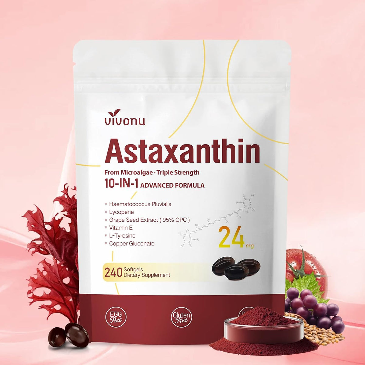 VivoNu 10 in 1 Astaxanthin 24mg softgels package front view showing antioxidant benefits.