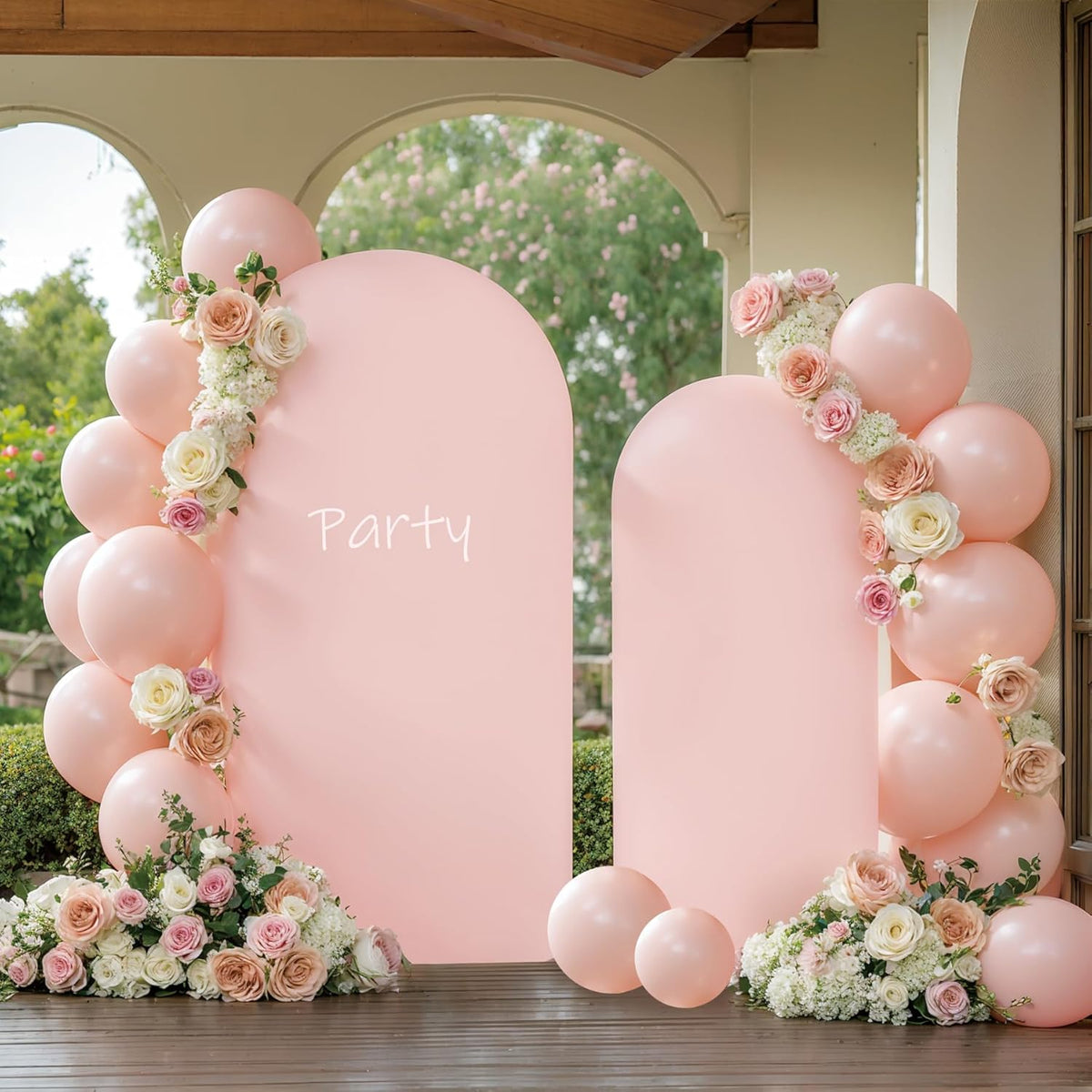 Suppromo Pink Arch Backdrop Cover front view of two piece set on stands